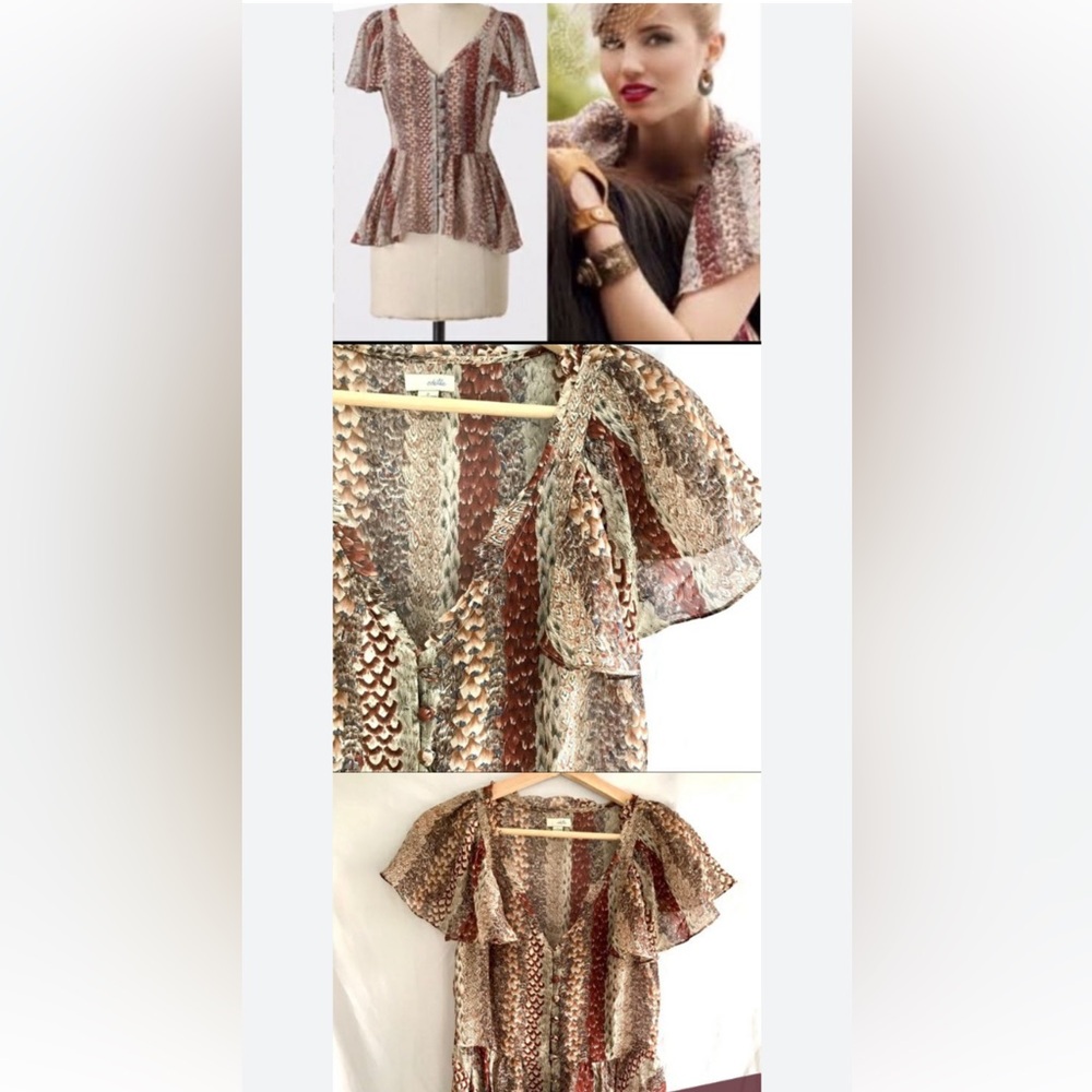 Anthropologie Silk Blouse Flutter Sleeve Top Marching Annuals By Odille Size 8